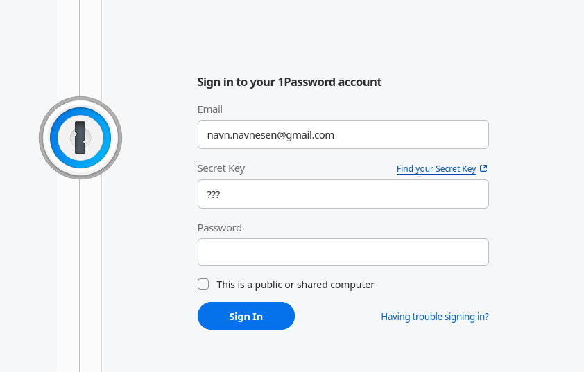 Figur av loginvinduet til 1Passord, der Secret Key er et inputfelt