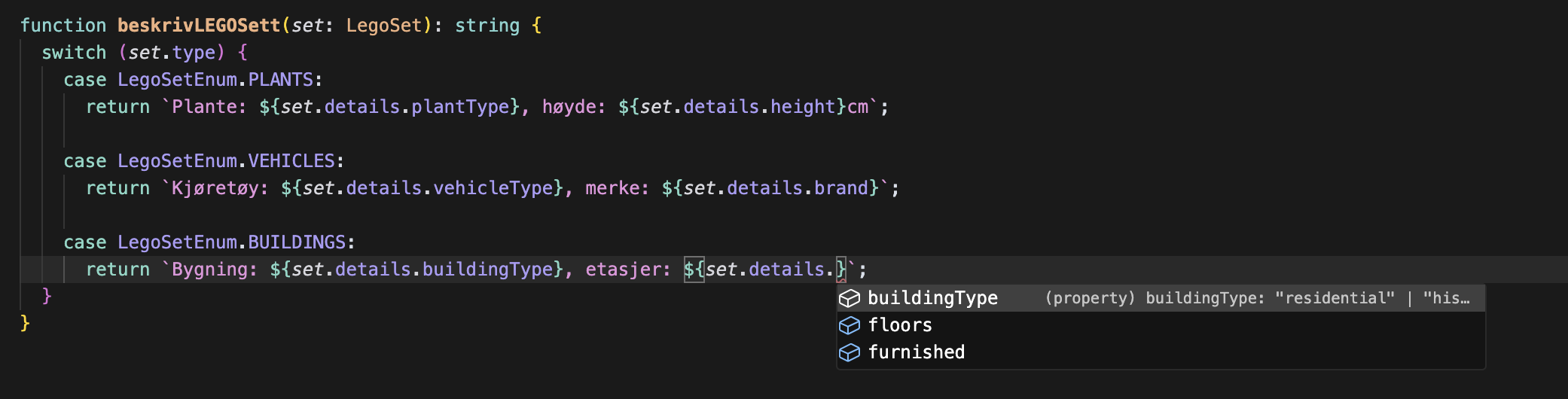 IDE viser kun tilgjengelige egenskaper basert på type
