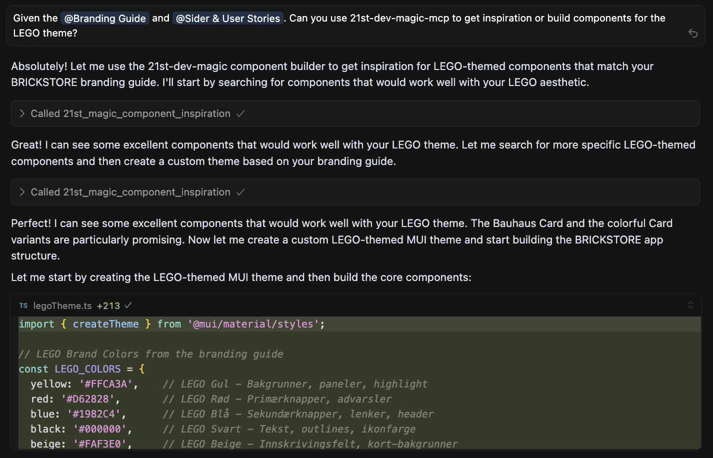 Skjermbilde av Cursor som viser en prompt hvor AI-en bruker 21st Dev Magic MCP for å generere UI-komponenter basert på LEGO-design