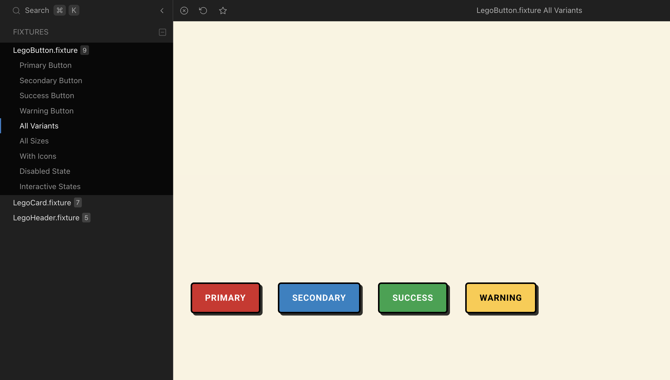 Skjermbilde av React Cosmos som viser ulike variasjoner av LEGO-knapper med forskjellige farger, størrelser og tilstander