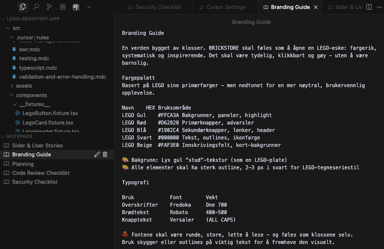 Skjermbilde av Cursor sin notepad-funksjon som viser en brand guide med designprinsipper og filreferanser