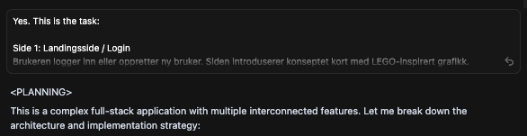Fortsettelse av forrige skjermbilde som viser AI-agentens systematiske tilnærming til problemløsning