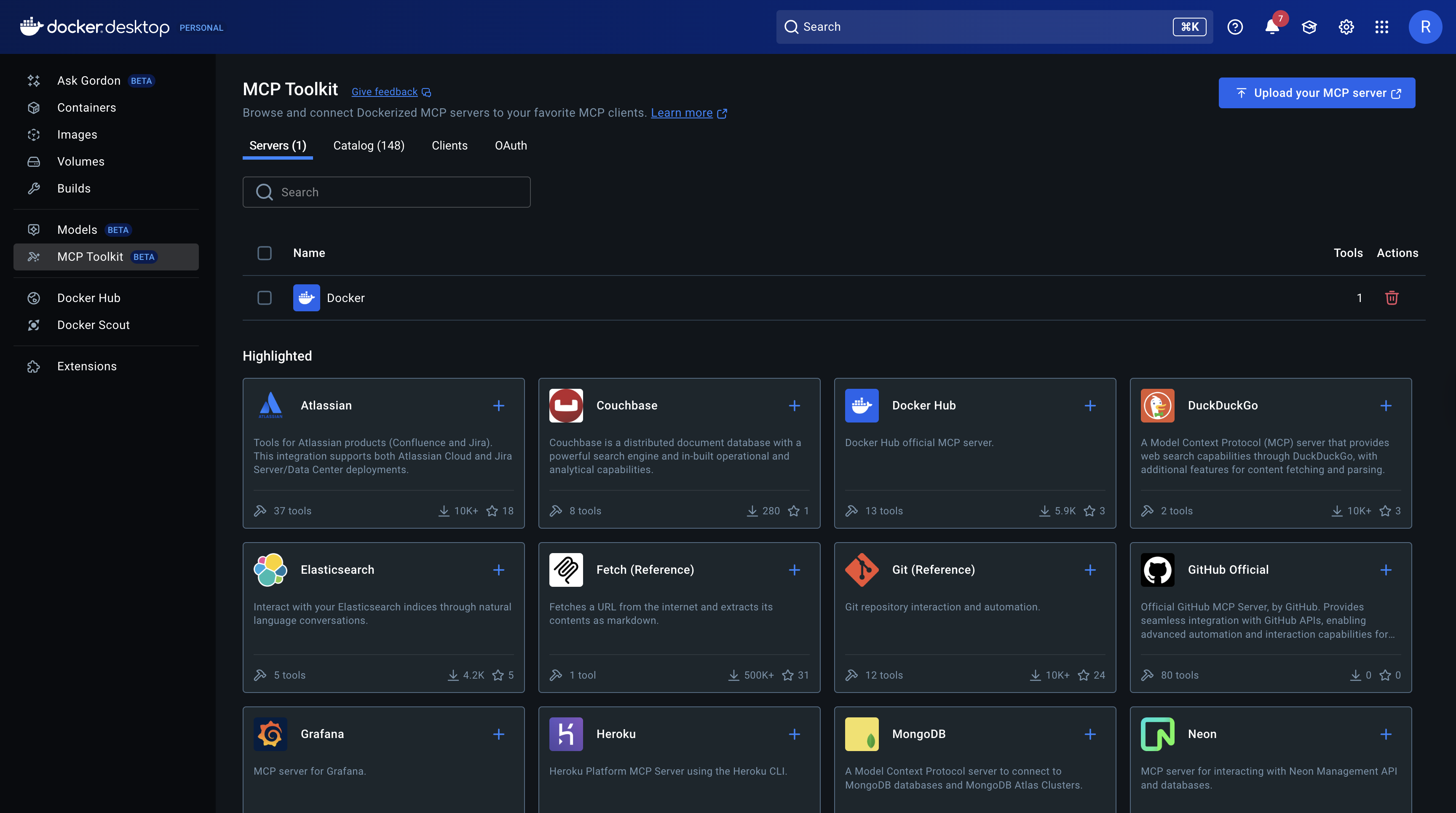 Skjermbilde av Docker MCP Toolkit som viser hvordan man kan aktivere og konfigurere MCP-servere med ett klikk