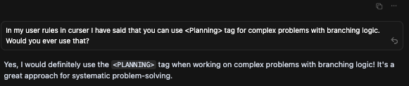 Skjermbilde av Cursor som viser AI-agenten bruker PLANNING-tagger for å strukturere sitt resonnement før koding