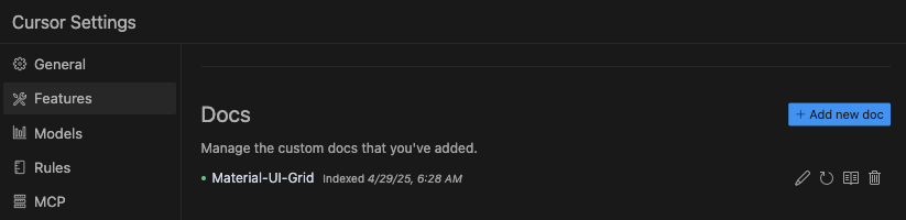 Skjermbilde av Cursor sine dokumentasjons-innstillinger som viser hvordan man legger til MUI Grid dokumentasjon