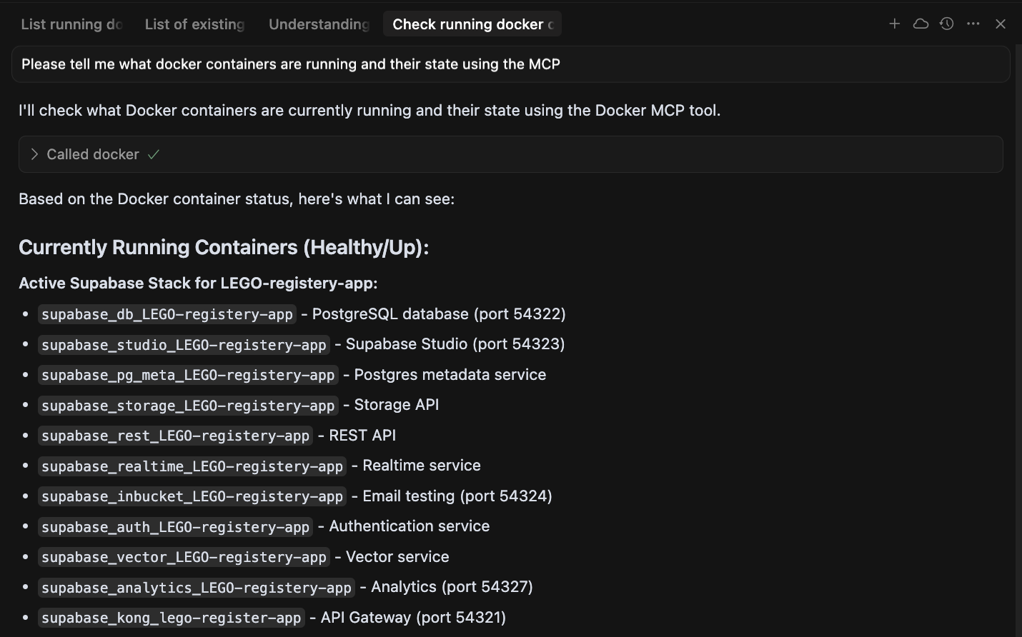 Skjermbilde som viser Cursor sin chat med MCP Docker-integrasjon hvor AI-en kan utføre Docker-kommandoer direkte