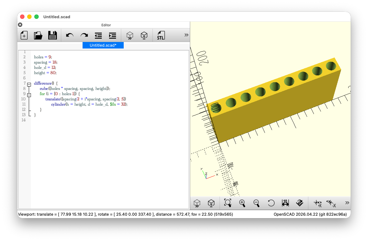 Kloss med 9 sylindriske hull rendret i OpenSCAD