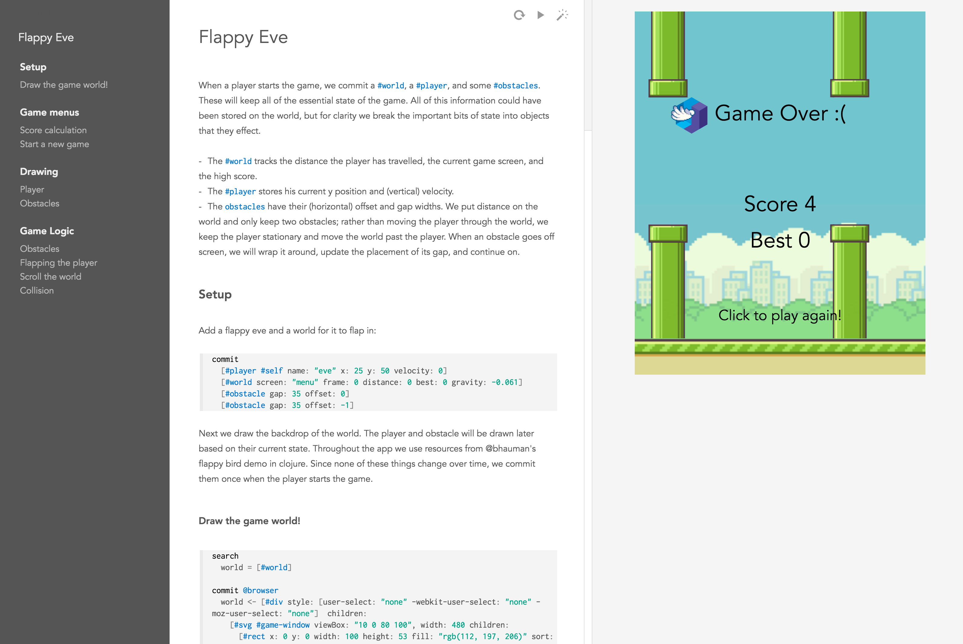 Flappy bird, implementert i Eve